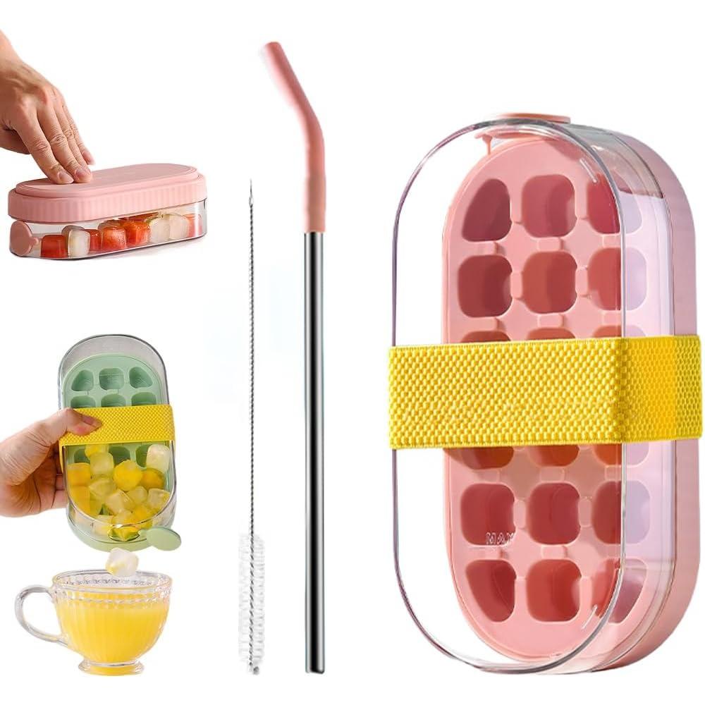 Ice cube molds and trays, 2026 new 2-in-1 ice cube water bottle with straw, easy-press ice tray water bottle, leak-proof lid, upright ice maker. розовый