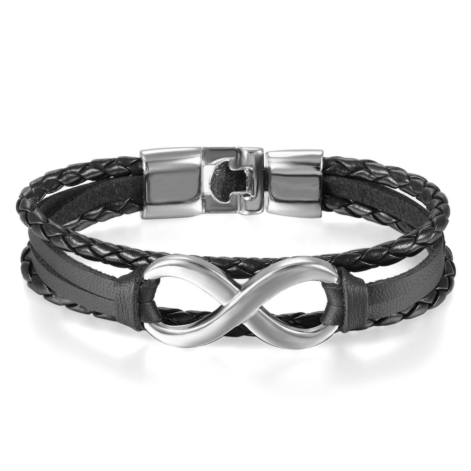

JewelryWe Fashion Accessory Leather Bracelet Infinity Motif Bangle Infinite Love Unisex Suitable for Couples Day Present Valentine s - [Black]