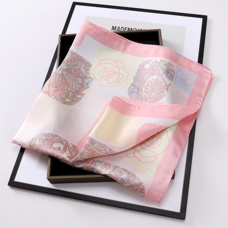 68cm Women Silk Scarf with Cashew Flower Rose Pattern Simulated Silk Fresh Elegant Versatile Square Fashion Decorative Accessory