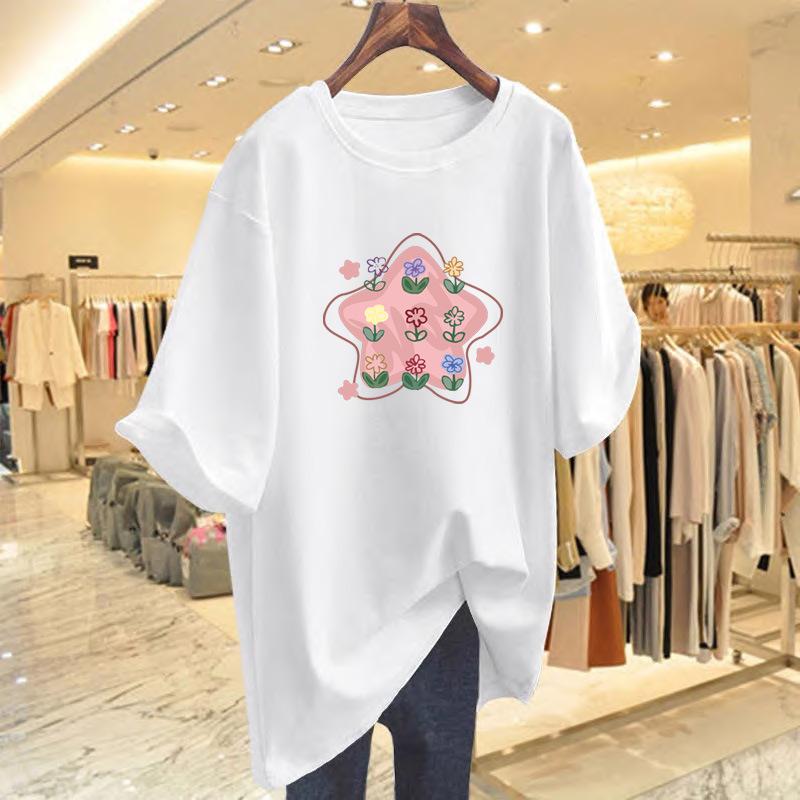 

Cotton Sweet Cute Star Flower Short Sleeve T-Shirt Women s Summer Loose New Design Niche Half-Sleeve Top S