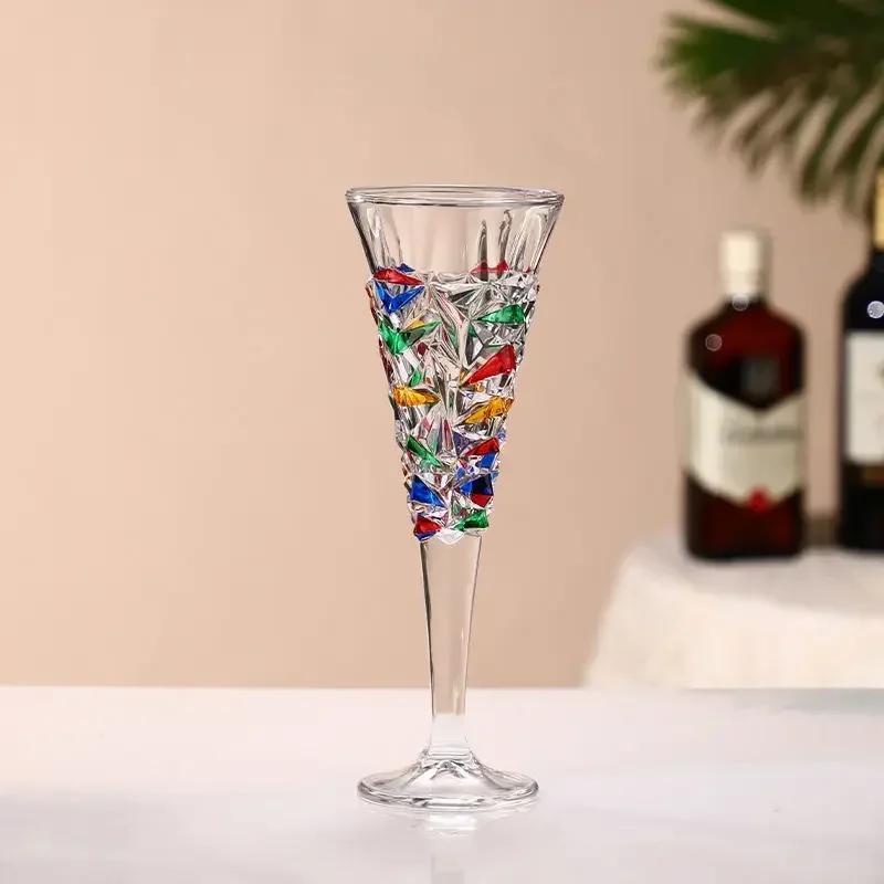 1/2pcs Hand Drawn Diamond Carved Crystal Glass Cup Rainbow Diamond Gloss Champagne Cup Thickened Design Red Wine Tall Glasses