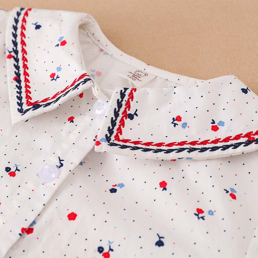 Mädchen Kirschenmuster Langarmshirt Matrosenkragen Marineblau Rot gestreifte Borte Knopfleiste Bluse für 2-6 Jahre alte Kinder