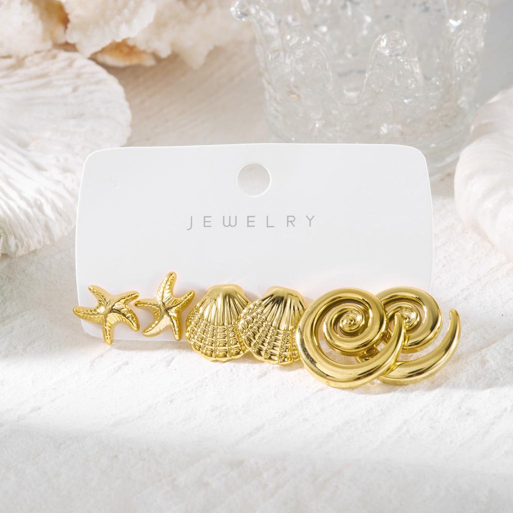 Vintage Gold Color Textured Starfish Shell Earrings Set Chunky CCB Scallop Conch Stud Earring for Women Summer Aesthetic Jewelry