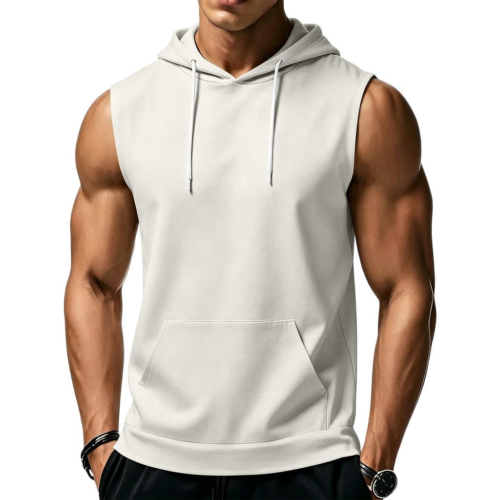 Men's Sleeveless Hoodie Casual Sportswear Muscle Fit Wide Shoulder Drawstring Hooded Pocket Tank Top