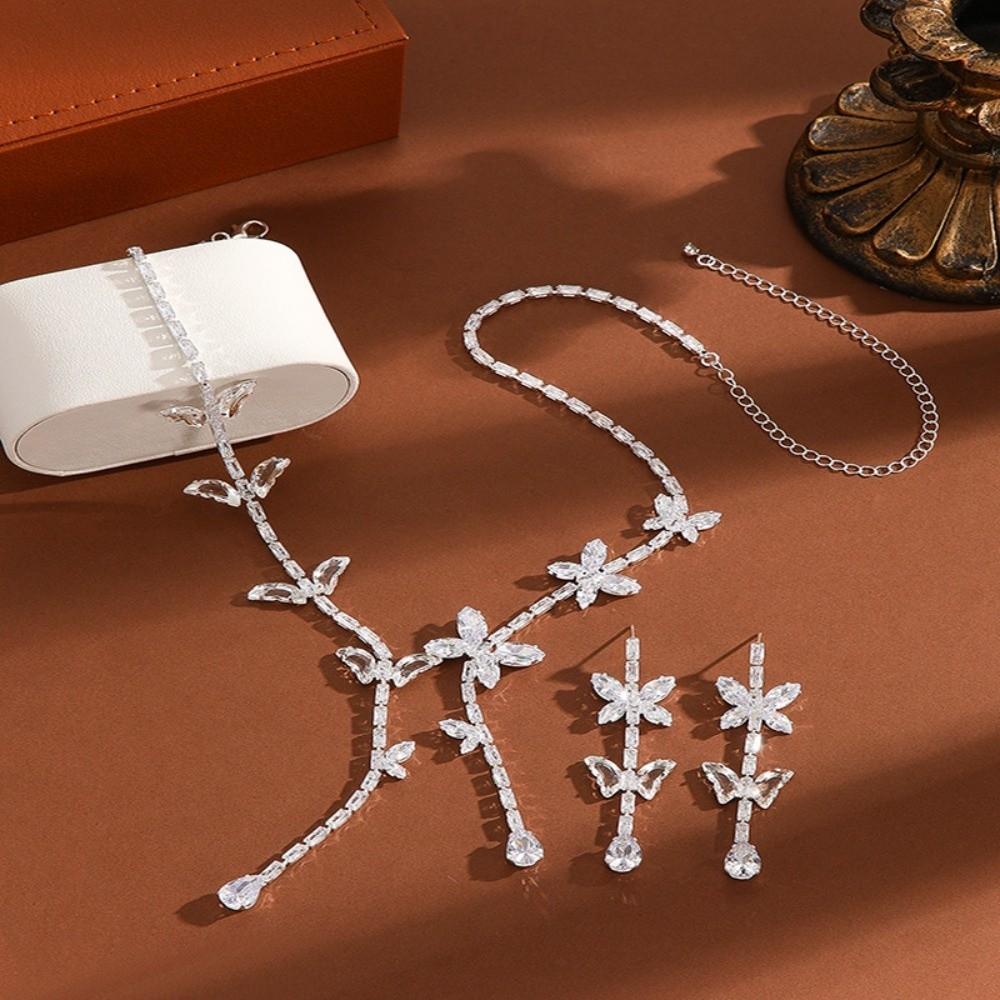 French-Style Earrings and Necklace Set Zirconia Butterfly Tassel Jewelry Sets Balls