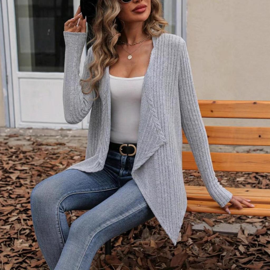 women's Solid Color Ribbed Knit Open Front Cardigan Long Sleeve Irregular Hem Casual Mid‑Length Sweater Jacket