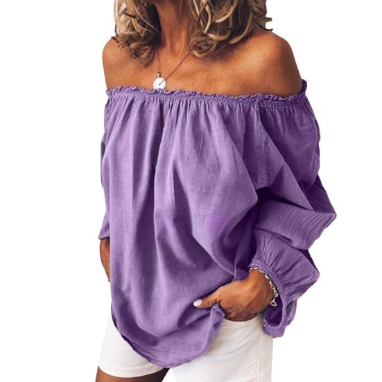 

Women Blouse Pleated Off Shoulder Autumn Winter Solid Color Long Sleeve Top for Party XL