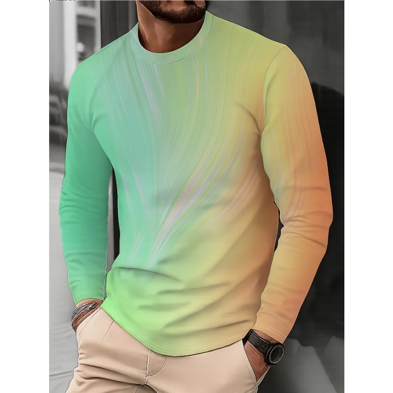 Men'S Fashion Round Neck Long Sleeve T-Shirt Trendy Gradient Color Design Casual Versatile Top