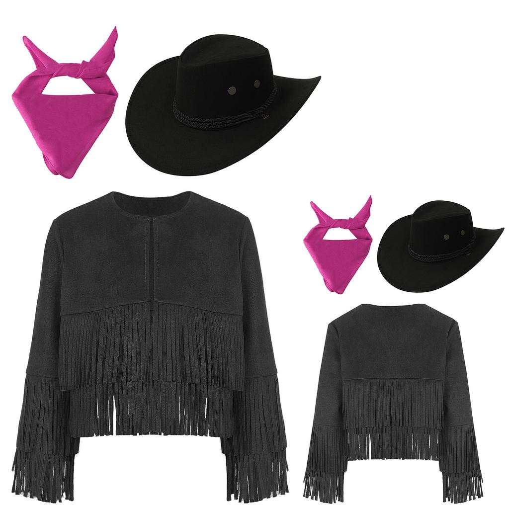 Kids Western Cowboy Fringe Vest 3Pc Set with Hat & Bandana, Unisex Cowgirl Costume for Halloween & Dress Up Party
