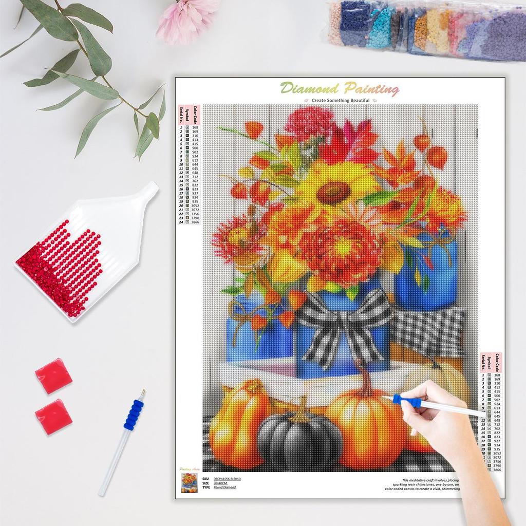 Full Round Diamond Painting Flower And Pumpkin Halloween Handmade 5d Diamond Kits Embroidery Cross Stitch For Adults 30x40cm/12x16inch