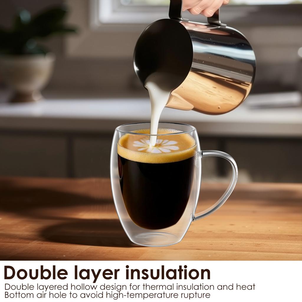 Glass Coffee Mug 12oz Double Wall Glass Coffee Cup with Handle Set of 4 Insulated Mug Milk Tea Latte Espresso Cup Water Cup