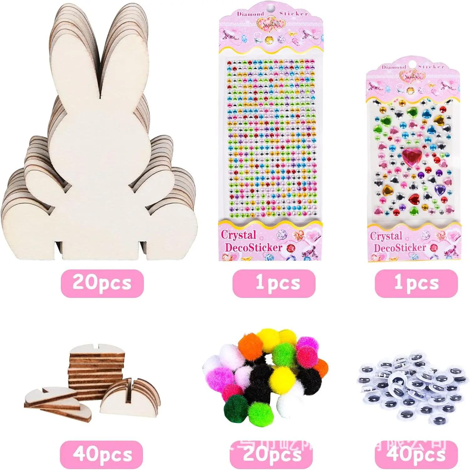 

DIY Wooden Bunny Craft Kit for Kids Unpainted Rabbits with Gems,Eyes Stickers & Painting Tools,Easter Creative Fun Activity Gift