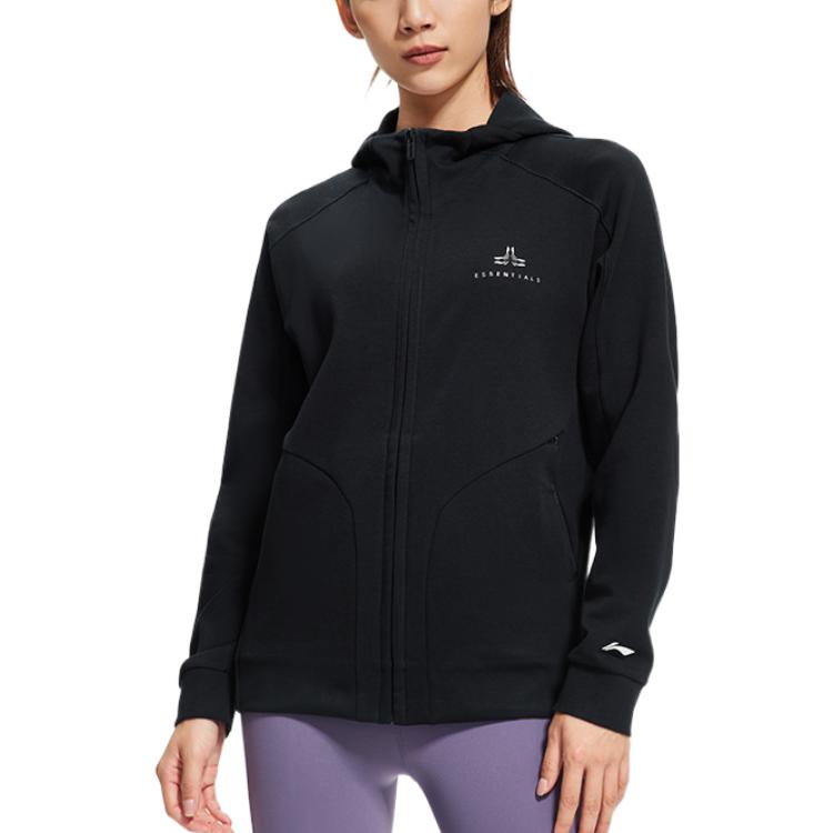 Li-Ning Fitness Series Logo Print Hooded Long Sleeve Sweatshirt Women Tops Black AWDS780-2