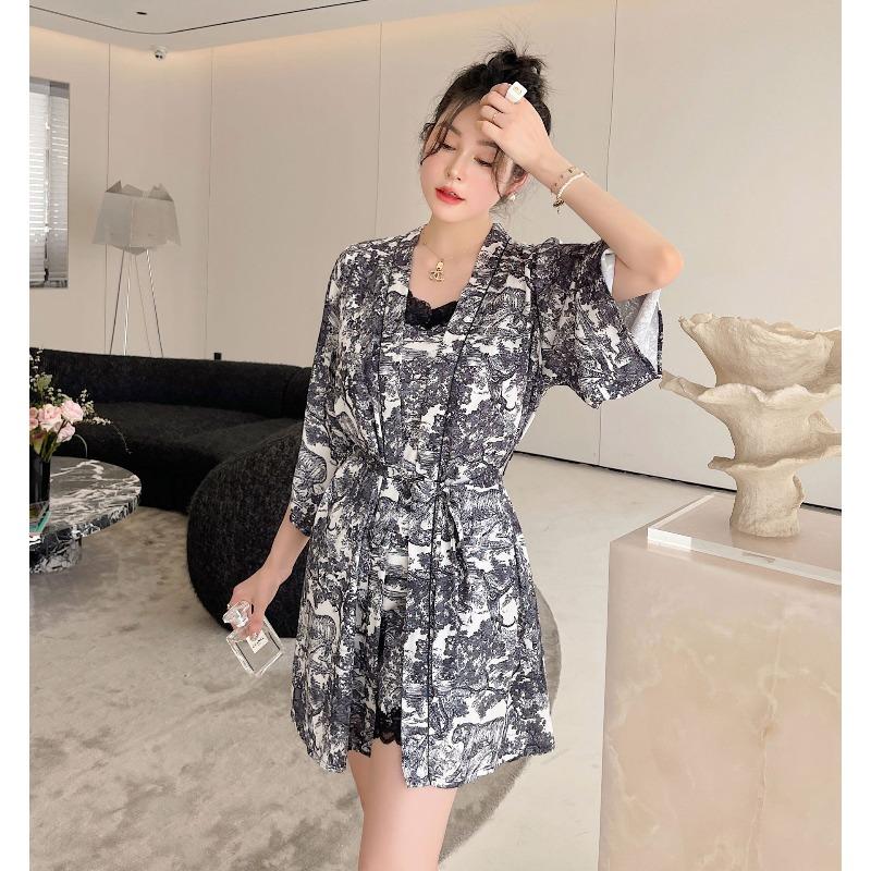 Sexy pajamas women's ice silk summer with chest pad pure desire wind halter suspender shorts three-piece printing set