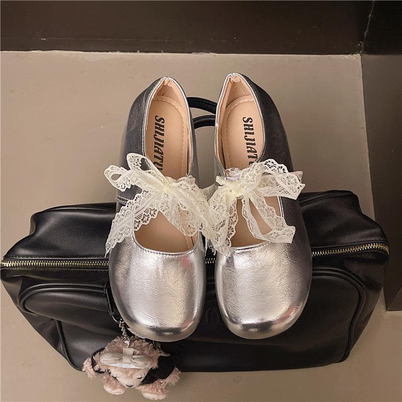 

Французские кружевные шнурки туфли-лодочки женская верхняя одежда 2025 осень новая плоские кружева бант Мэри Джейн туфли-лодочки 40 серебряный