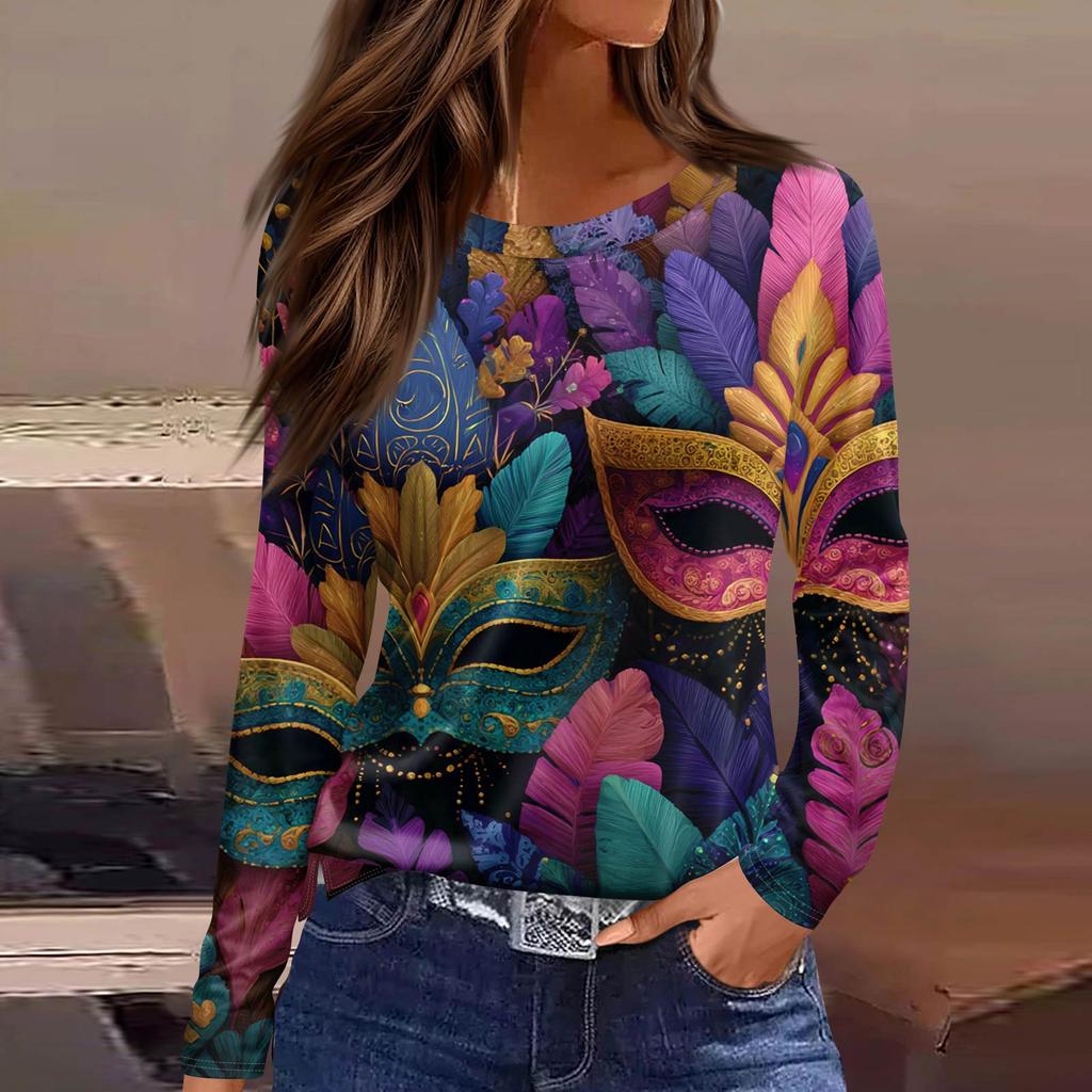 Women's Fashionable Casual Neck Long Sleeve Hem Split Carnival Print T-Shirt Top