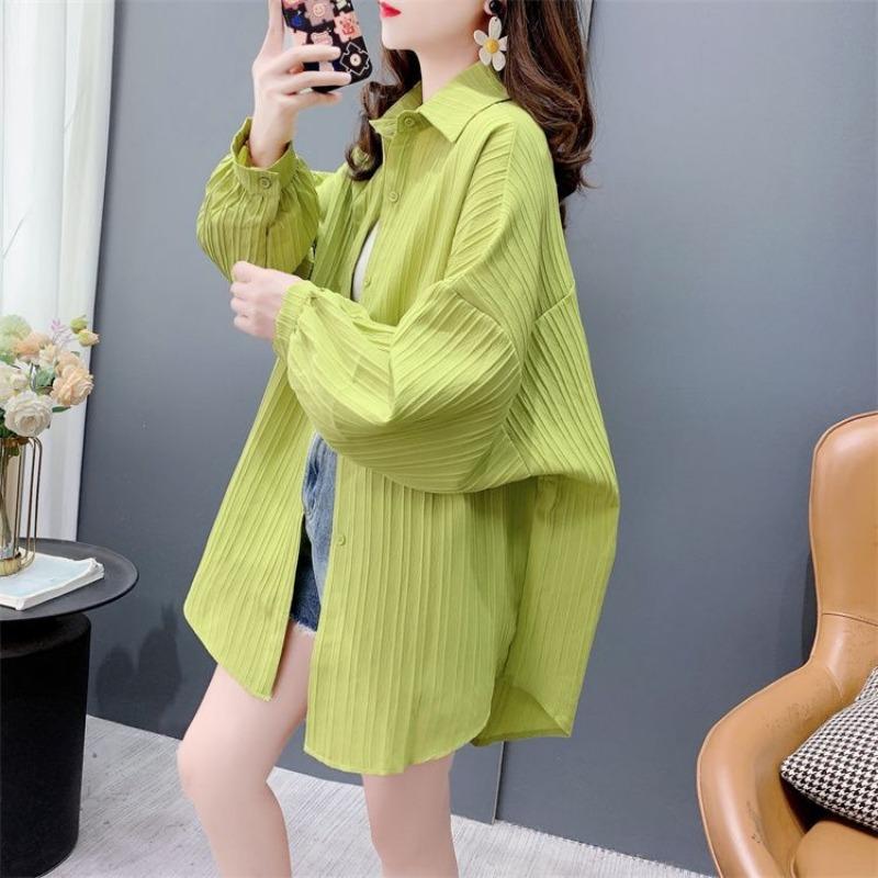 Women Casual Loose Thin Breathable Striped Long Sleeve Sunscreen Shirt Blouse