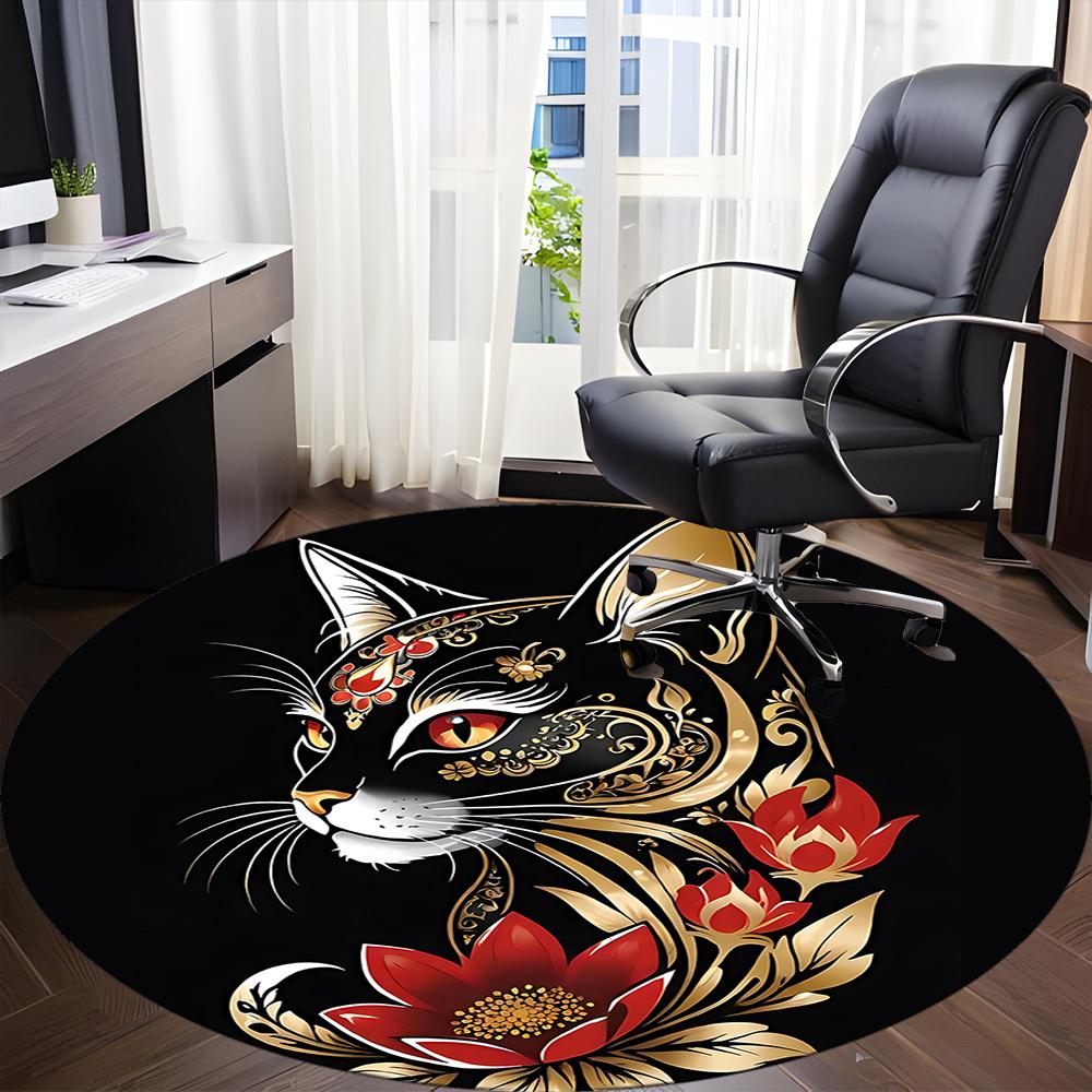 1pc Cat Flowers Office Round Area Rug, Indoor Mat Suitable ForOffice, Under Office Chairs Bedroom Living Room Home Decor, Room Deco 011