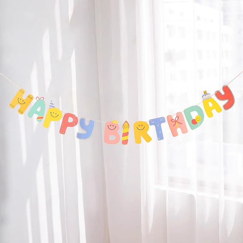 Cartoon Smiley Face Candle and Letter Banner for Children's Birthday Party Decoration