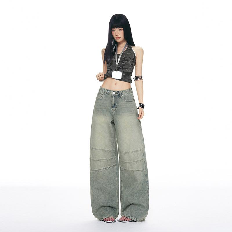 American retro wide-leg jeans women's autumn new splicing design sense niche American straight mopping pants
