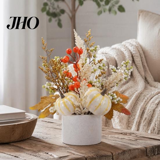 Stable Base Tabletop Decor Fall Pumpkin Flower Arrangement, Artificial Maple Berry Potted Plant Simulation Dried Flowers Arrangement for Thanksgiving,