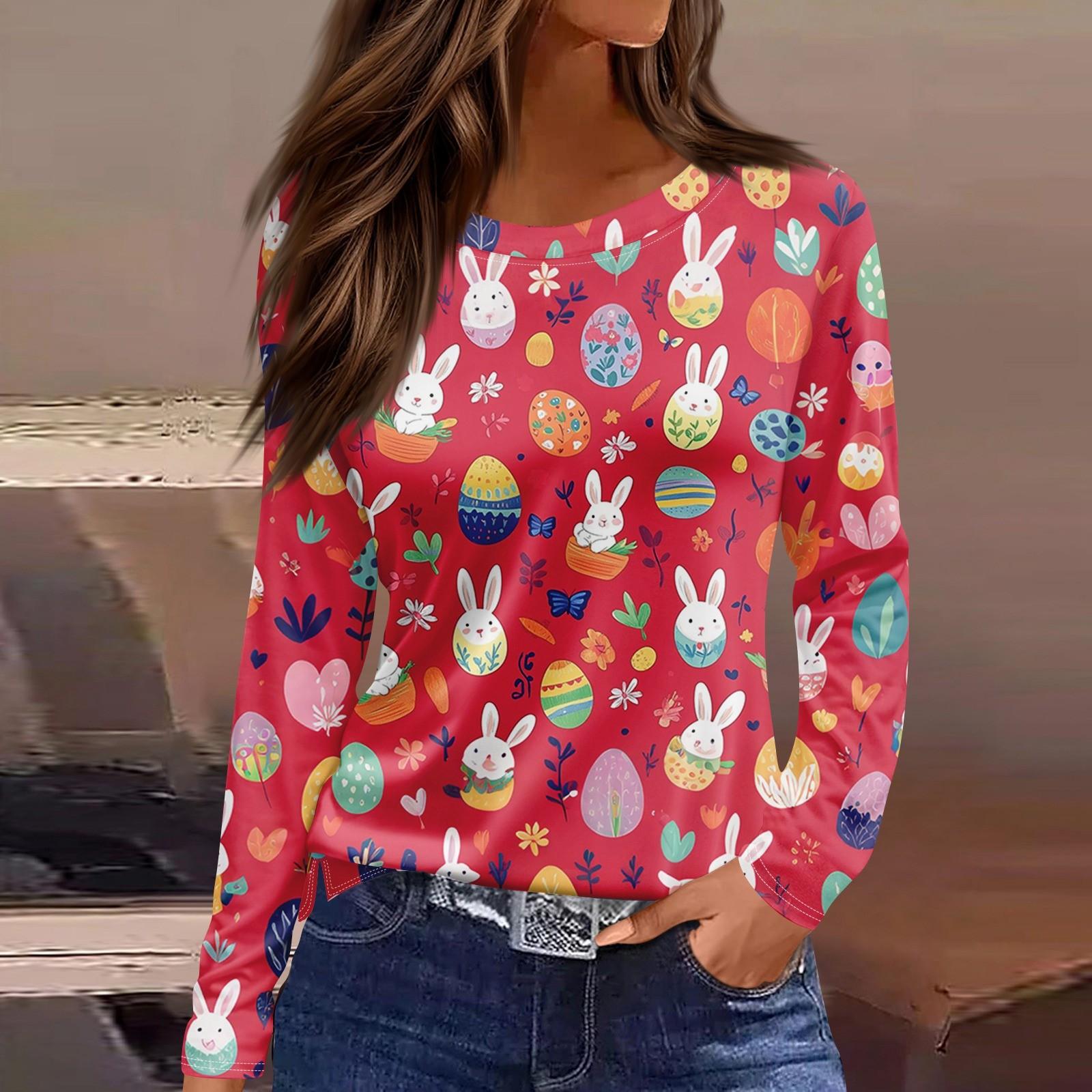 

Жіноча модна повсякденна футболка з розрізом і круглим вирізом з довгим рукавом і принтом. XL червоний