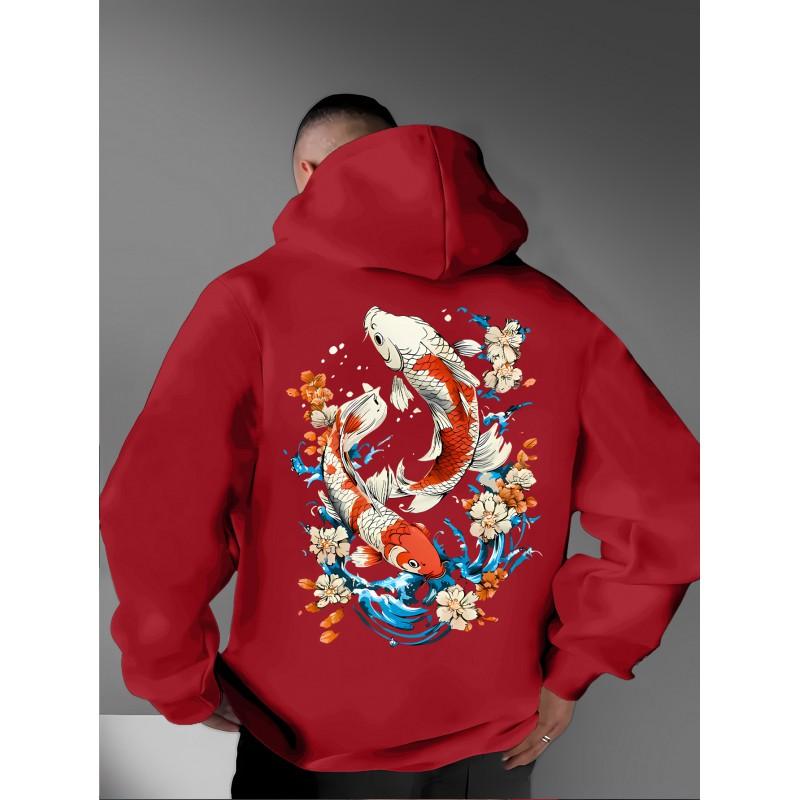 Unisex Oversized Hooded Sweatshirt With Japanese Ukiyo-e Cherry Blossom Koi Fish Print Soft Fleece-Lined Casual Top