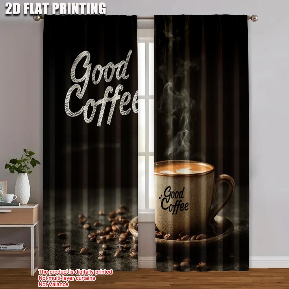 

Flat Printing Curtains Good Days Start Coffee Versatile Polyester Without Electricity Use Holiday Set Of 2 Made W100*H70(CM)-Hooks&2PCS