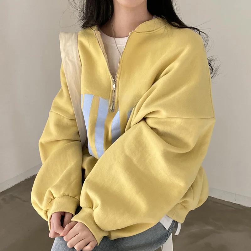Koreanische Chic Y2k Lose Zip Up Pullover Frauen Herbst Dicken Stil Casual Brief Drucken Kleidung Neue Harajuku High Street Solide tops