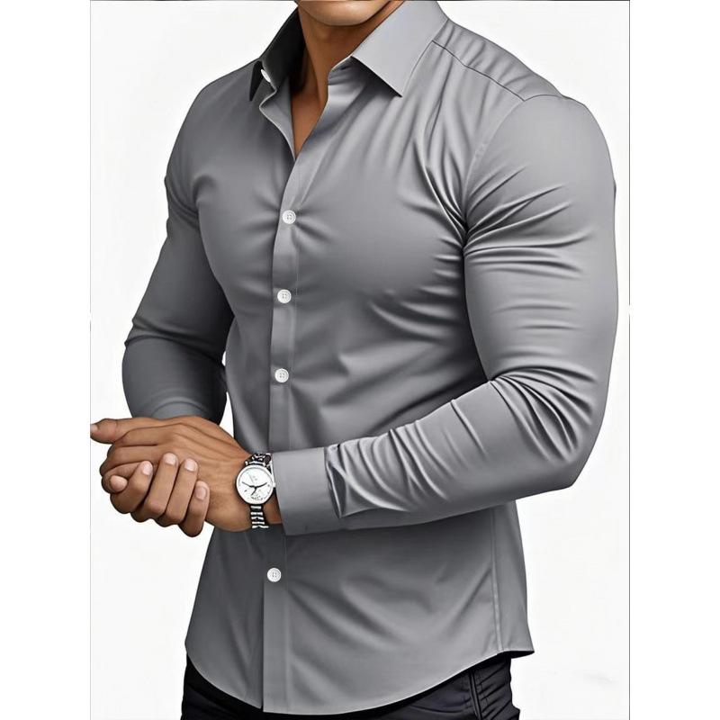 Men S Long Sleeve Shirt Business Casual Stretch Solid Color Cardigan