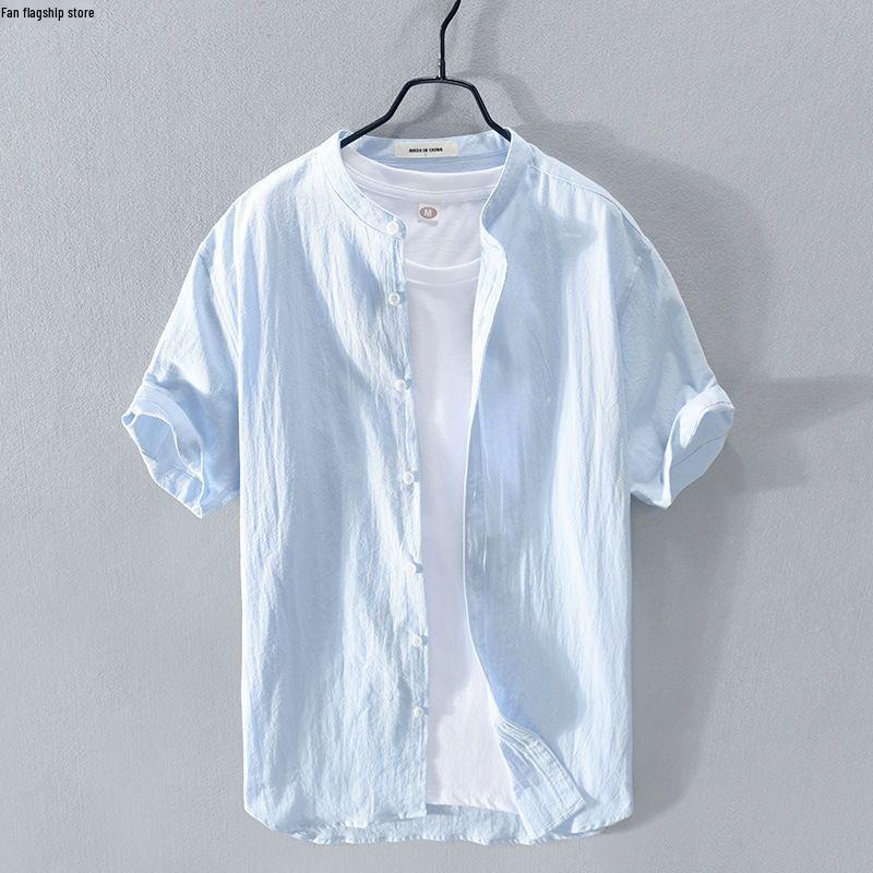 Men's Summer Stand Collar Cotton Linen Shirt - White Ice Silk Short Sleeve Polo