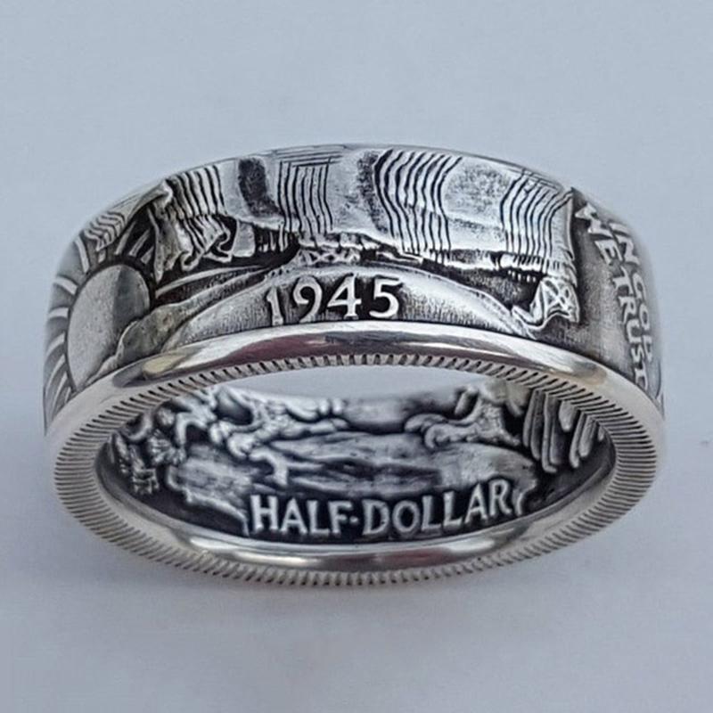 

Punk Retro Style Rings for Men Personality Metal Finger Rings Make Old Silver Color Imitation of 1945 Half Dollar Design Ring 6 серебряный