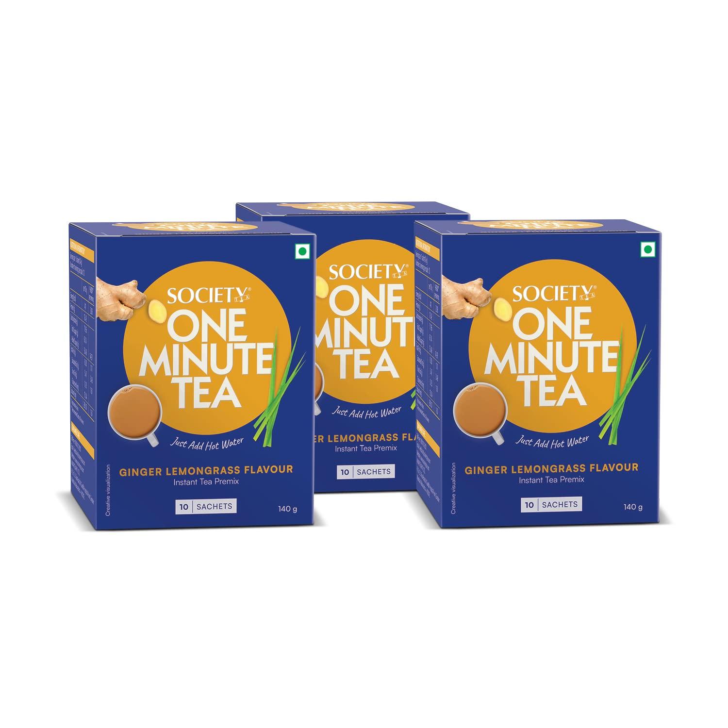Society One Minute Tea | Ginger Lemongrass Flavour | Made with Lemongrass & Ginger | Flavoured Instant Tea | 14g X 10 Sachets (140g) | Pack