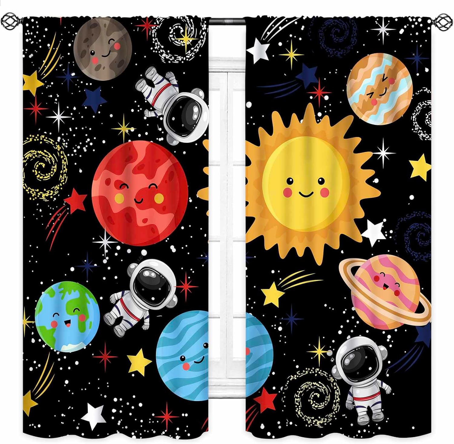 Space Adventure Curtains – Astronauts & Planets Design on Black Background, 2 Panels for Kids Room or Nursery 60×150cm