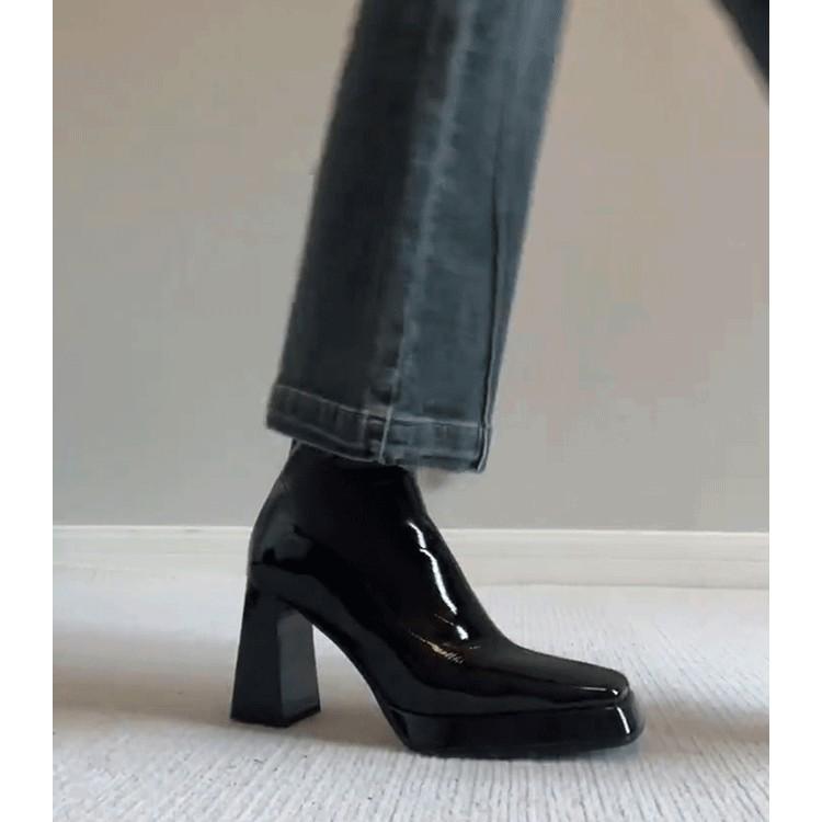 Spot French High-heeled Short Boots Women's 2025 Autumn and Winter New Patent Leather Waterproof Table Square Head Side Zipper Thick Heel Thin Boots