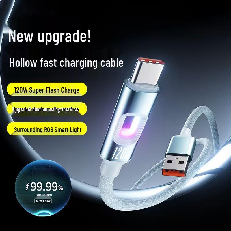 RGB Luminous 120W Fast Charging USB-C Cable for Apple 15/16 & Huawei, 6A.