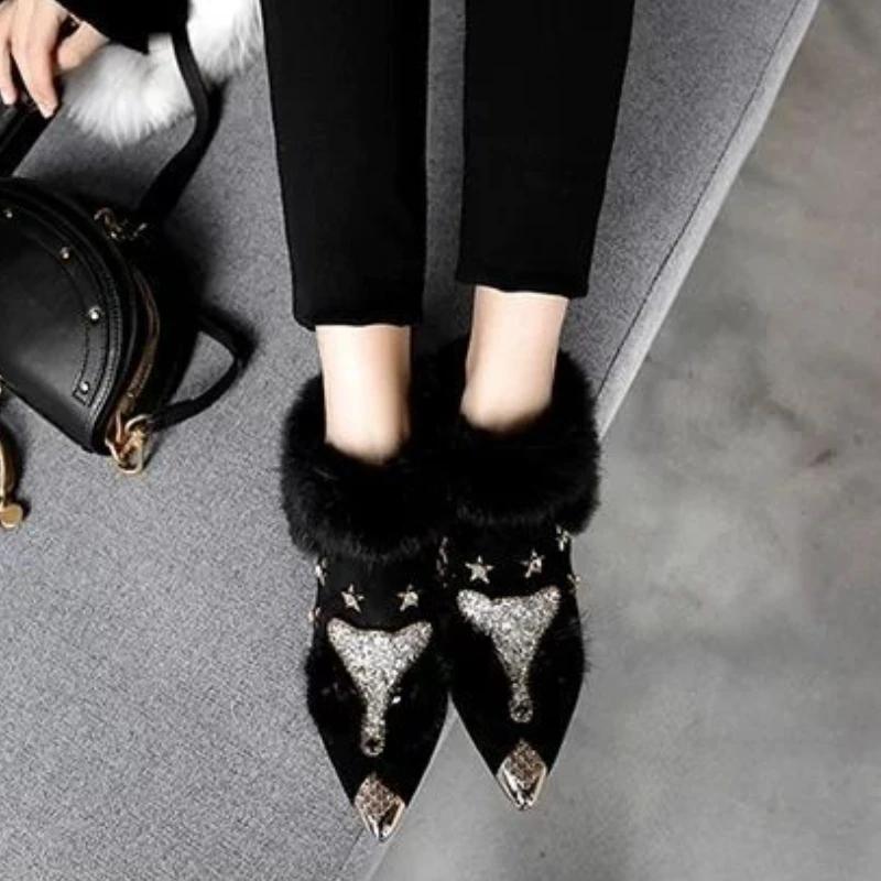 Fashion Booties Rhinestone Gray Furry Female Short Shoes Elegant With Medium Heels Designer Luxury Pu Fashion 2025 Women's Ankle Boots