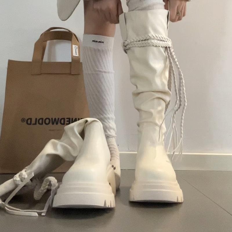Retro versatile tassel lace-up thick-soled knight boots women's 2025 autumn new thin small fashion boots