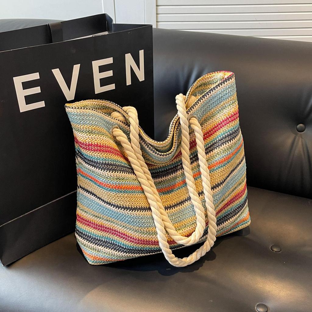 Summer 2026 Women's Straw Tote: Rainbow Weave, Large Capacity, Vacation Style Handbag