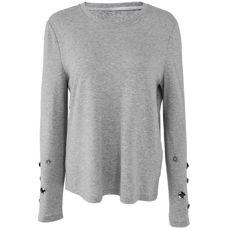 Relaxing handmade beaded flower Lyocell wool T-shirt for women with long sleeves as a base