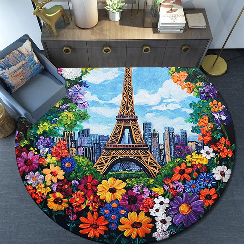 Eiffel Tower Paris Round Area Rug,Carpet Rug for Living Room Bedroom Sofa Playroom Decor,Non-slip Floor Mat