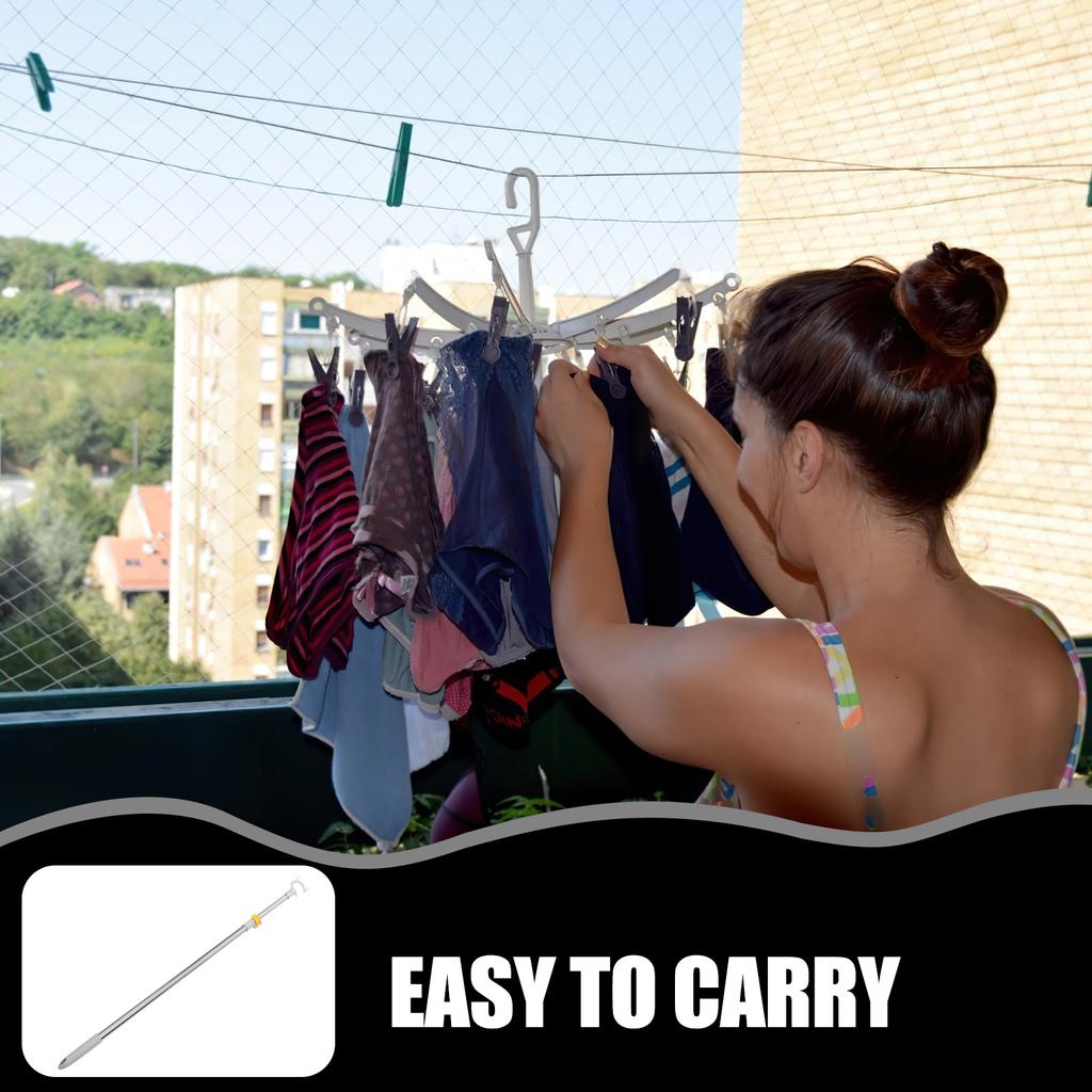 Adjustable Retractable Clothes Reach Pole Clothesline Rod Hanging Drying Balcony Clothes Rod Secure Lock Buckle Alloy Head