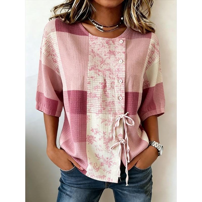 Women's Rust Plaid Print Drawstring Button Up Blouse, Casual Round Neck Tops for Spring Summer Daily Vacation Wear