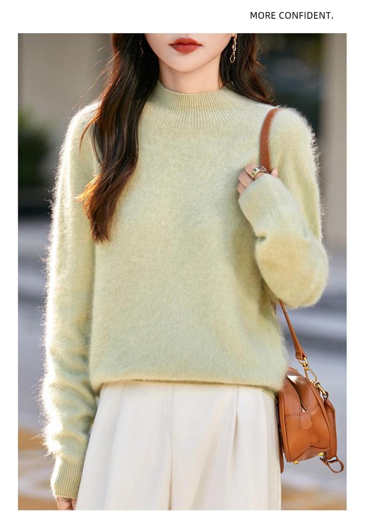 Milk Huhu Women's Solid Color Half-High Collar Wool Knit Sweater - Lazy Style, Brushed Fleece for Autumn/Winter