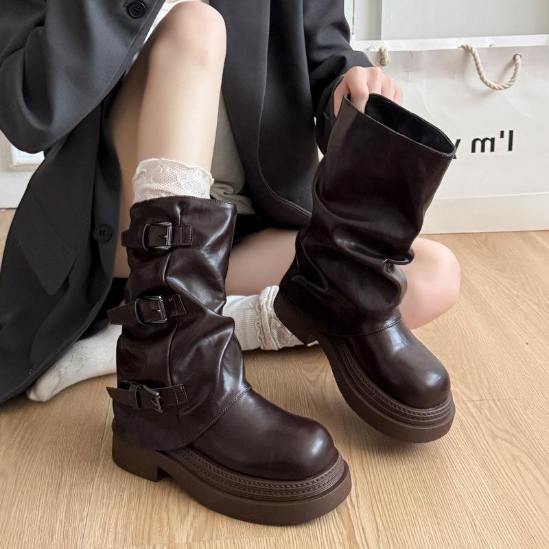 Fashion versatile buckle pleated leather boots thick heel medium boots women's autumn and winter design thick-soled western cowboy boots stacking boot