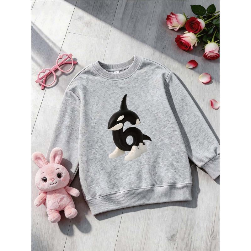 Girl's Round Neck Sweatshirt with Printed Number 67 Design, Featuring a Stylized Orca Pattern On the Chest
