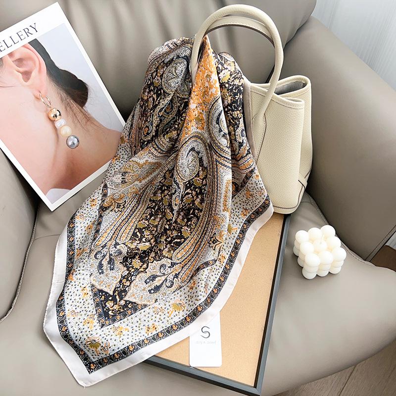 European and American retro cashew nut printing simulation silk small square scarf silk scarf spring and summer sunshade sunscreen versatile hair tie 65*65