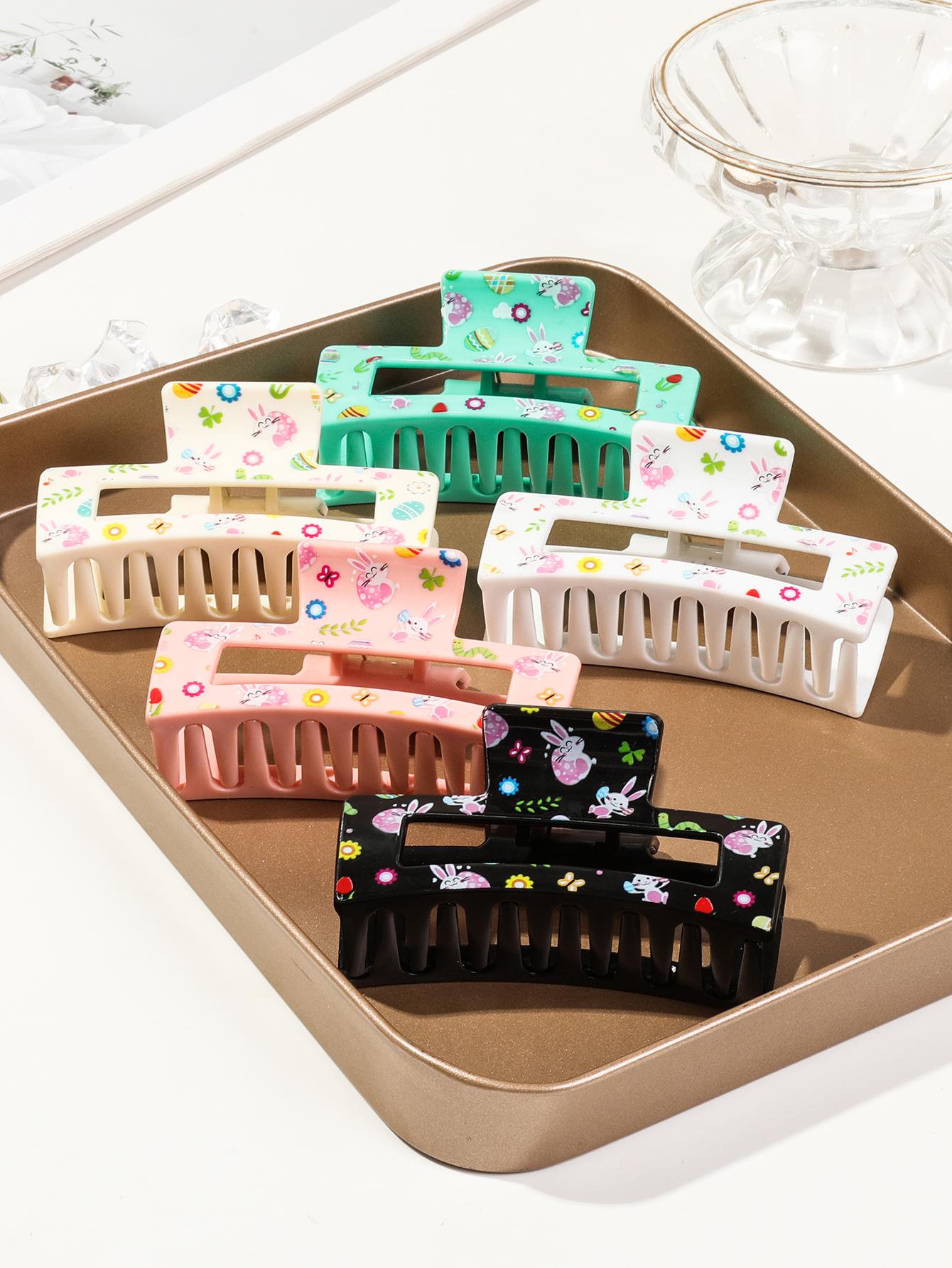 

Пасхальные заколки-крабы для волос для женщин и девочек, милые прямоугольные нескользящие заколки для волос с радужным принтом в виде кролика и яйца, весенние аксессуары для волос