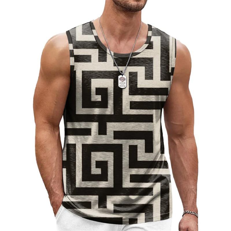 Canottiera Uomo Retro Geometrica Stampata 3D Estiva Casual Girocollo Tendenza Moda Gilet Senza Maniche Ampio Traspirante Top Sportivi