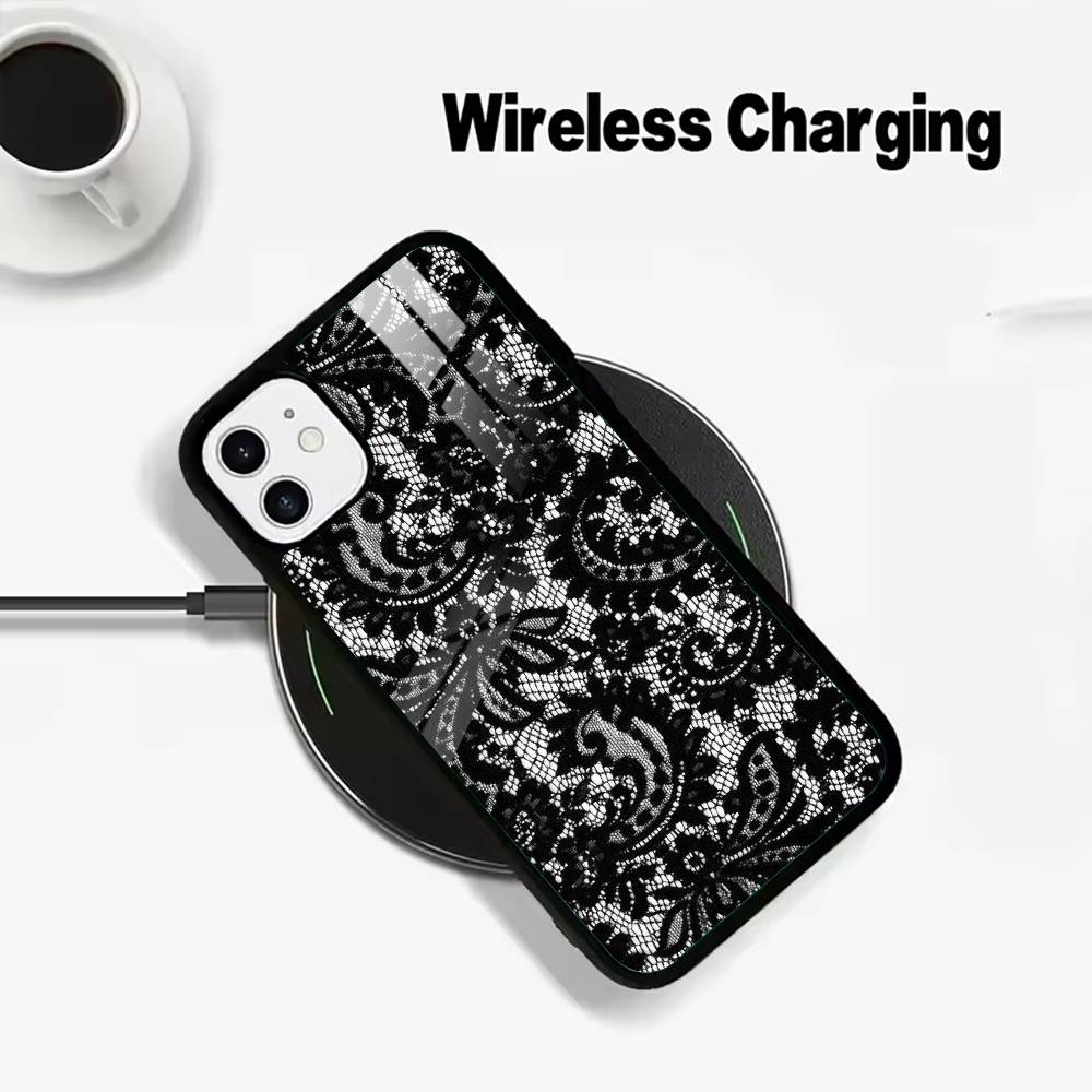 L-Lace Print Pattern Phone Case For IPhone17 16 15 14 13 12 11  Pro Max 16/15/14Plus Wireless Charger Cover Funda